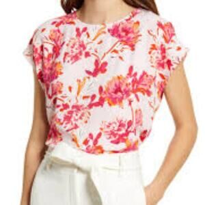 Halogen Pink Sheer Meadow Floral Cap Sleeve Blouse Top Size XXS